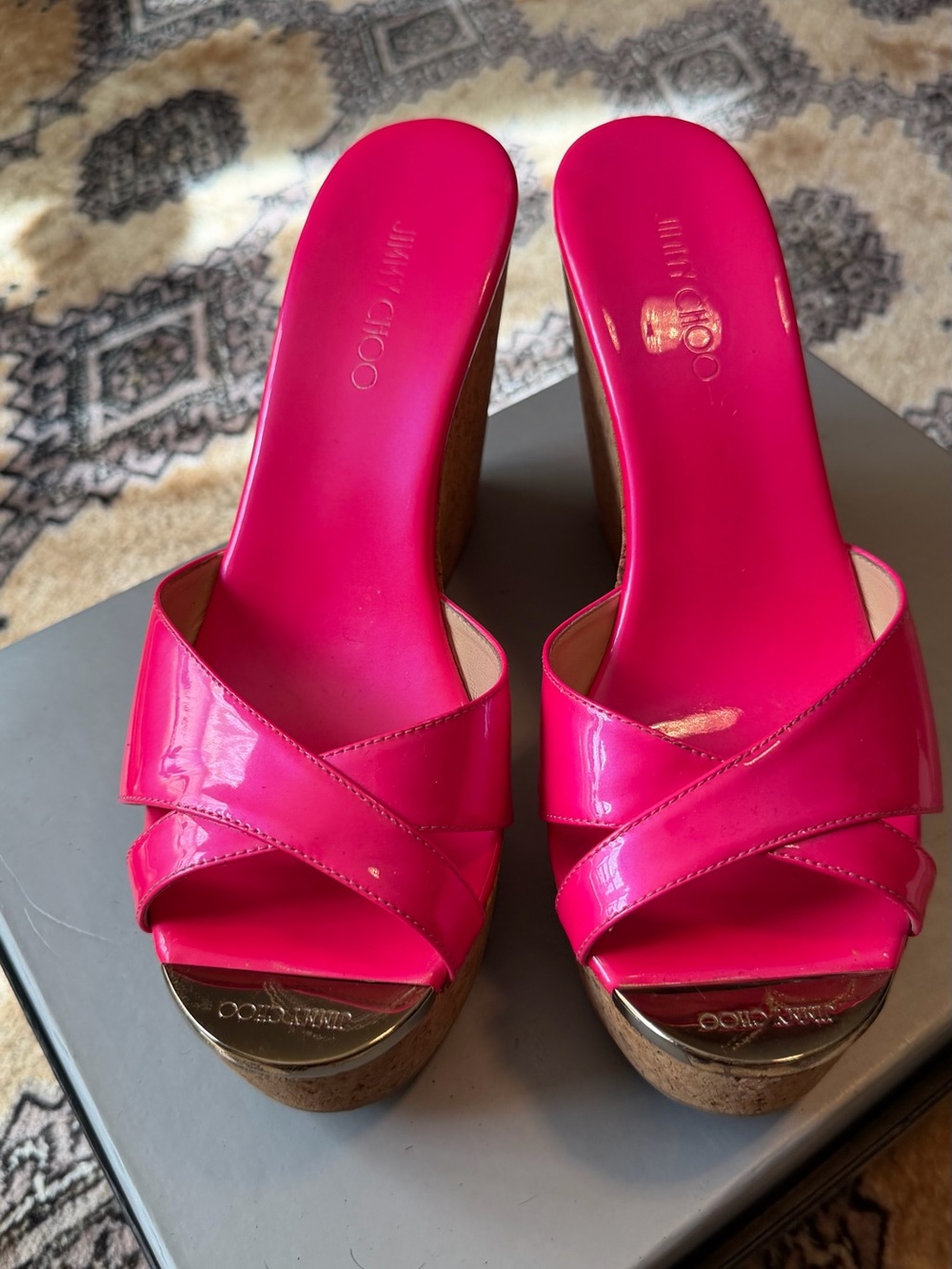 Jimmy Choo Fuchsia Patent Leather Cross‑Strap Slide Mules - Picture 2 of 6